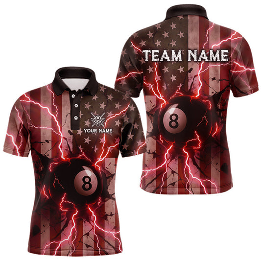 Maxcorners Red 8 Ball Lightning American Flag Billiard Shirt For Men Custom Patriotic Pool Team Jersey LM0412