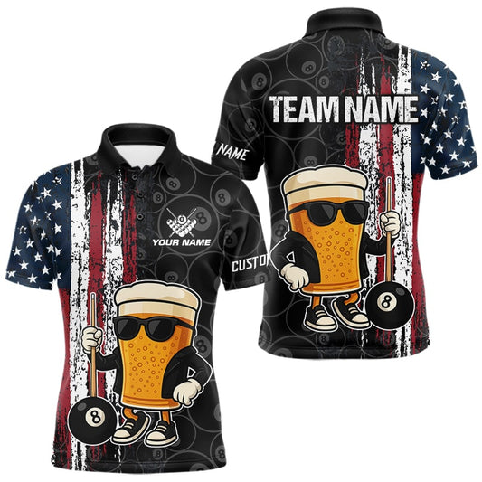 Maxcorners Vintage American Flag Funny Beer Billiard Shirt For Men Custom Patriotic 8 Ball Pool Team Jersey LM2512