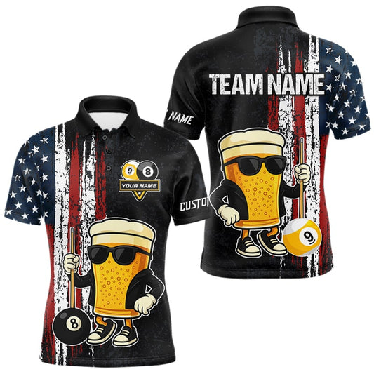 Maxcorners Funny Beer 8 Ball & 9 Ball American Flag Billiard Shirt For Men Custom Patriotic Pool Team Jersey