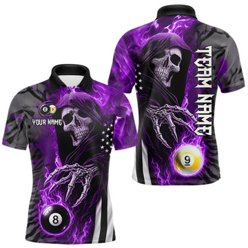 Maxcorners Customized Purple Flame Grim Reaper US Flag 8 Ball 9 Ball Billiard Shirt For Men, Pool Team Jersey