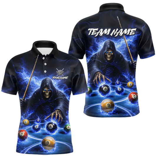 Maxcorners Blue Flaming Grim Reaper Billiard Shirt For Men Custom Pool Team Jersey Polo & Quarter Zip Shirt LM1104