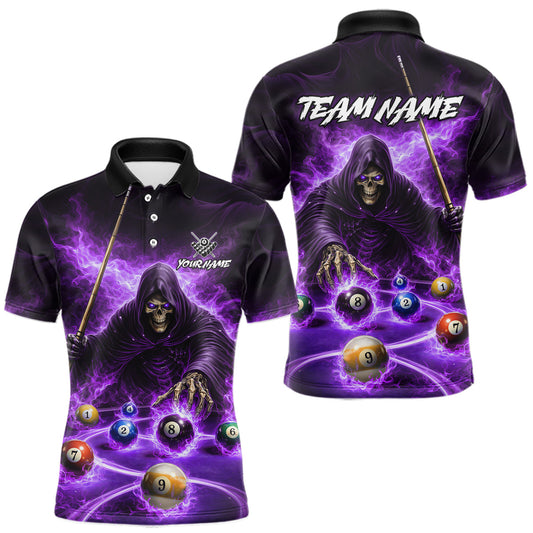 Maxcorners Purple Flaming Grim Reaper Billiard Shirt For Men Custom Pool Team Jersey Polo & Quarter Zip Shirt LM1104