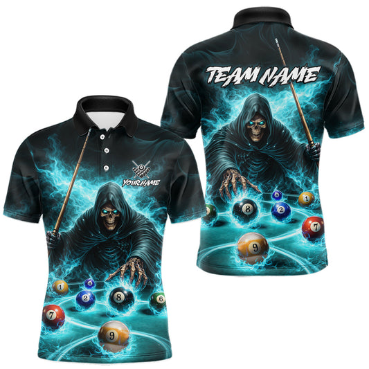Maxcorners Turquoise Flaming Grim Reaper Billiard Shirt For Men Custom Pool Team Jersey Polo & Quarter Zip LM1104