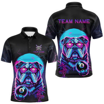 Maxcorners Funny Bulldog Billiard Jersey Polo & 1/4 Zip Custom Retro Neon 8 Ball Pool Team Shirt For Men LM0410