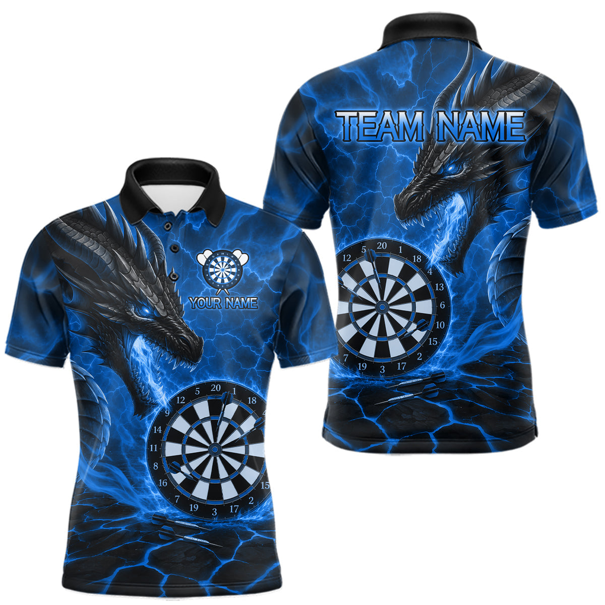 Maxcorners Personalized Dragon Darts Shirts Custom Fire Flame Blue Darts Team Jersey Polo & 1/4 Zip For Men
