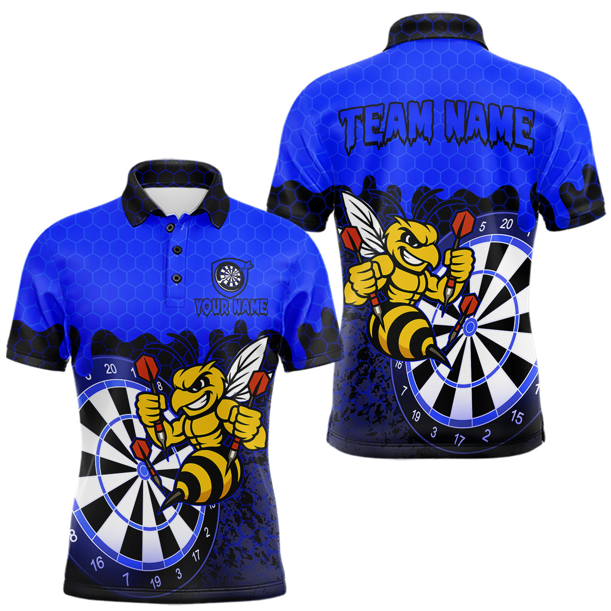 Maxcorners Personalized Black And Blue Funny Bee Darts Shirt For Men, Darts Team Jersey Polo & Quarter Zip