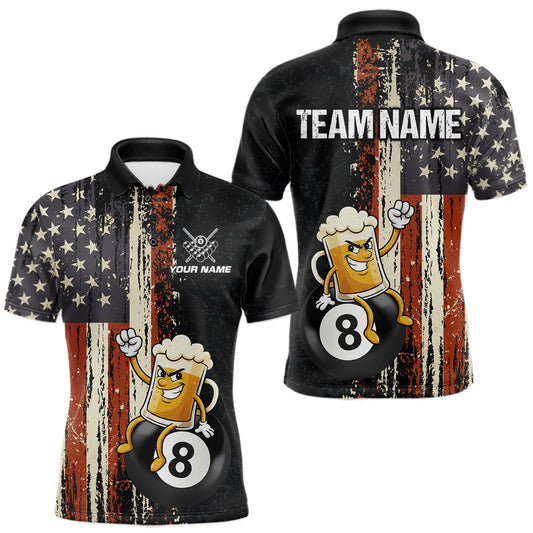 Maxcorners Vintage US Flag Funny Beer 8 Ball Billiard Shirt For Men Custom Pool Team Jersey Polo & 1/4 Zip