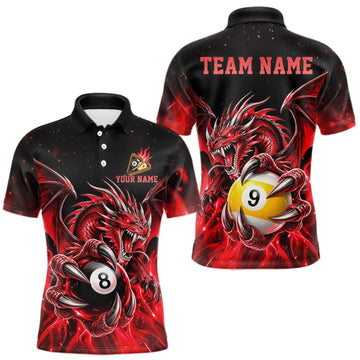 Maxcorners Red Flaming 8 Ball & 9 Ball Dragon Billiard Shirts For Men Custom Pool Team Jersey Polo & 1/4 Zip LM1910