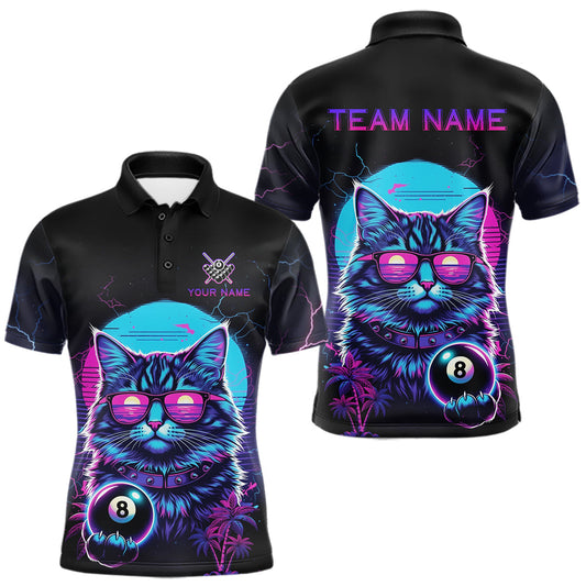 Maxcorners Funny Cat Neon 8 Ball Billiard Shirt For Men Custom Pool Team Shirt, Billiard Jersey Polo & 1/4 Zip LM2512