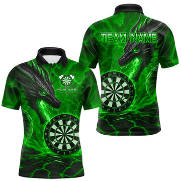 Maxcorners Personalized Dragon Darts Shirts Custom Fire Flame Green Darts Team Jersey Polo & 1/4 Zip For Men LM1910