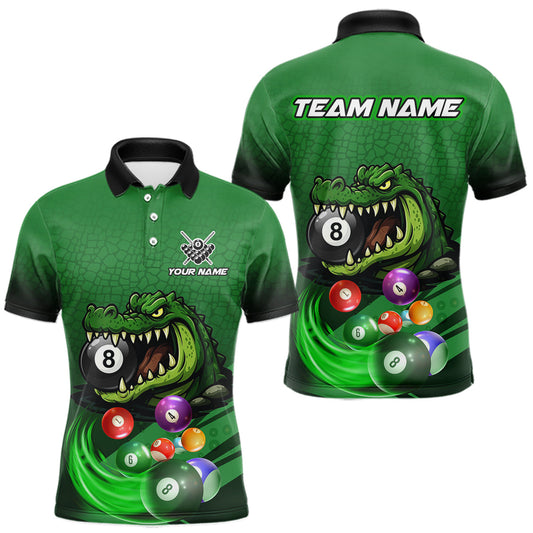 Maxcorners Green Funny Alligator 8 Ball Billiard Shirts For Men Custom Pool Team Jersey Polo & Quarter Zip LM2405