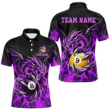 Maxcorners Purple Flaming 8 Ball & 9 Ball Dragon Billiard Shirts for Men Custom Pool Team Jersey Polo & 1/4 Zip