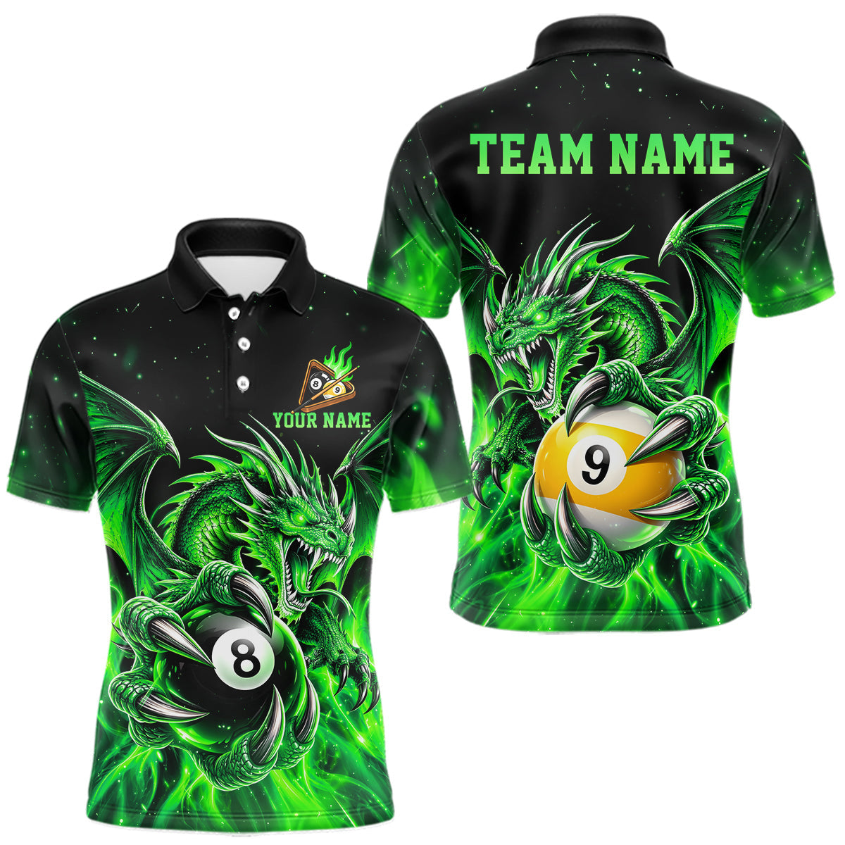 Maxcorners Green Flaming 8 Ball & 9 Ball Dragon Billiard Shirts for Men Custom Pool Team Jersey Polo & 1/4 Zip