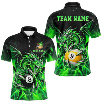 Maxcorners Green Flaming 8 Ball & 9 Ball Dragon Billiard Shirts for Men Custom Pool Team Jersey Polo & 1/4 Zip