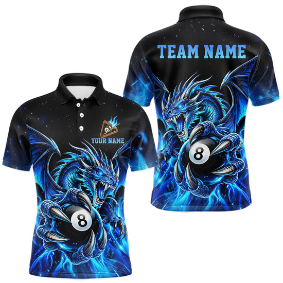 Maxcorners Blue Flaming 8 Ball Billiard Dragon Pool Shirts for Men Custom Billiard Team Jersey Polo & 1/4 Zip