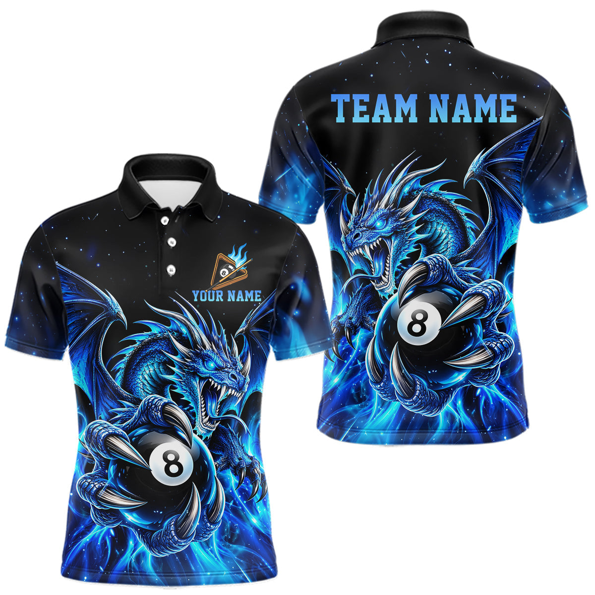 Maxcorners Blue Flaming 8 Ball Billiard Dragon Pool Shirts for Men Custom Billiard Team Jersey Polo & 1/4 Zip