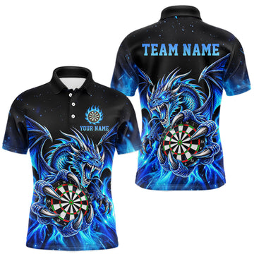 Maxcorners Blue Flaming Dragon Darts Shirts For Men Custom Darts League Team Jersey Polo & Quarter Zip