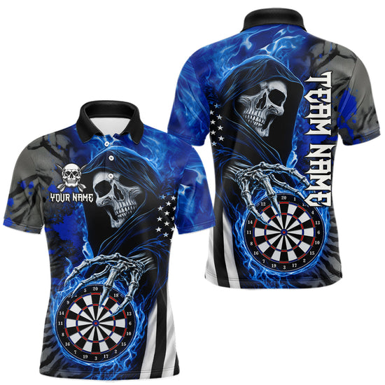 Maxcorners Personalized Blue Flame Grim Reaper US Flag Darts Shirts For Men Custom Skull Darts Team Jersey