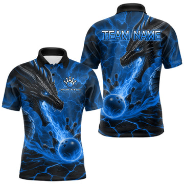 Maxcorners Personalized Dragon Bowling Shirts Custom Fire Flame Blue Bowling Team Jersey Polo & 1/4 Zip For Men LM2806