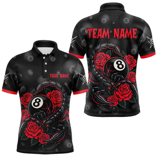 Maxcorners Black Red 8 Ball Scorpion Roses Billiard Shirt For Men Custom Pool Team Shirt, Billiard Jersey LM2711