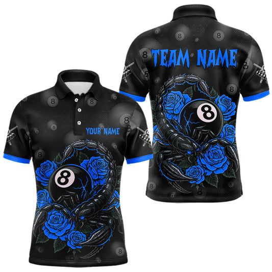 Maxcorners Black Blue 8 Ball Scorpion Roses Billiard Shirt For Men Custom Pool Team Shirt, Billiard Jersey LM2711