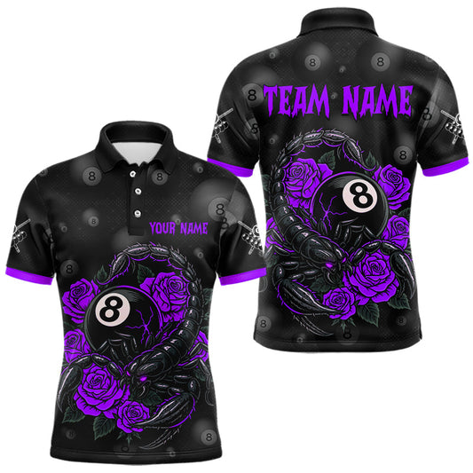 Maxcorners Black Purple 8 Ball Scorpion Roses Billiard Shirt For Men Custom Pool Team Shirt, Billiard Jersey LM2711