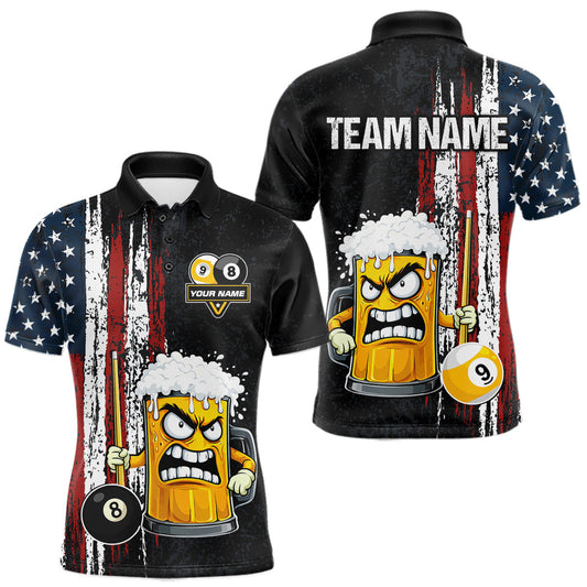 Maxcorners Funny Angry Beer 8 Ball & 9 Ball Billiard Shirt For Men Custom American Flag Pool Team Jersey
