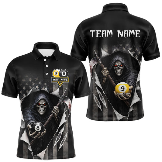 Maxcorners Grim Reaper 8 Ball & 9 Ball US Flag Billiard Shirt For Men Custom Pool Team Jersey Polo & 1/4 Zip