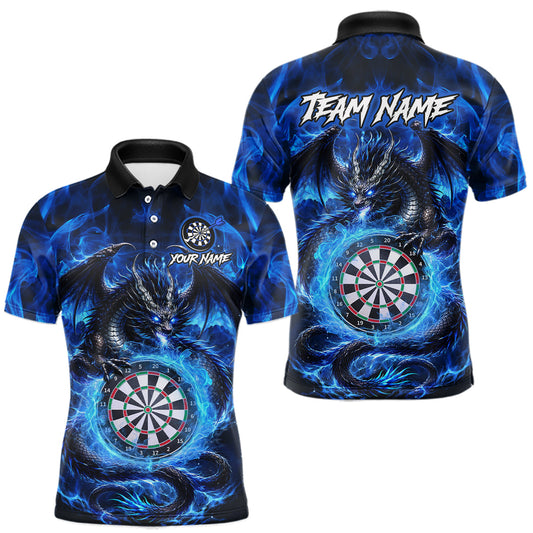 Maxcorners Personalized Blue Flame Dragon Darts Polo & Quarter Zip Shirts For Men, Darts League Team Jersey