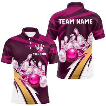 Maxcorners Personalized Pink Strike Ball Bowling Shirt for Men, Custom Team Bowling Jersey Polo and Quarter-Zip