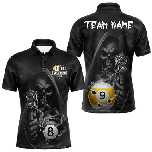 Maxcorners Custom Grim Reaper 8 Ball & 9 Ball Smoke Billiard Shirt For Men, Pool Team Jersey Polo & 1/4 Zip LM1005