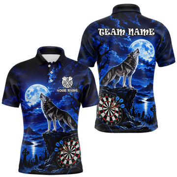 Maxcorners Blue Custom Wolf And Moon Darts Shirts For Men Personalized Darts Team Jersey Polo & 1/4 Zip