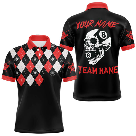 Maxcorners Personalized 8 Ball Pool Skull Argyle Pattern Men's Billiard Shirts, Billiard Team Jersey |Red LM0901