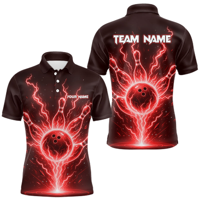 Maxcorners Red Lightning Thunder Bowling Polo, Quarter Zip Shirts For Men Custom Team Bowling Jersey