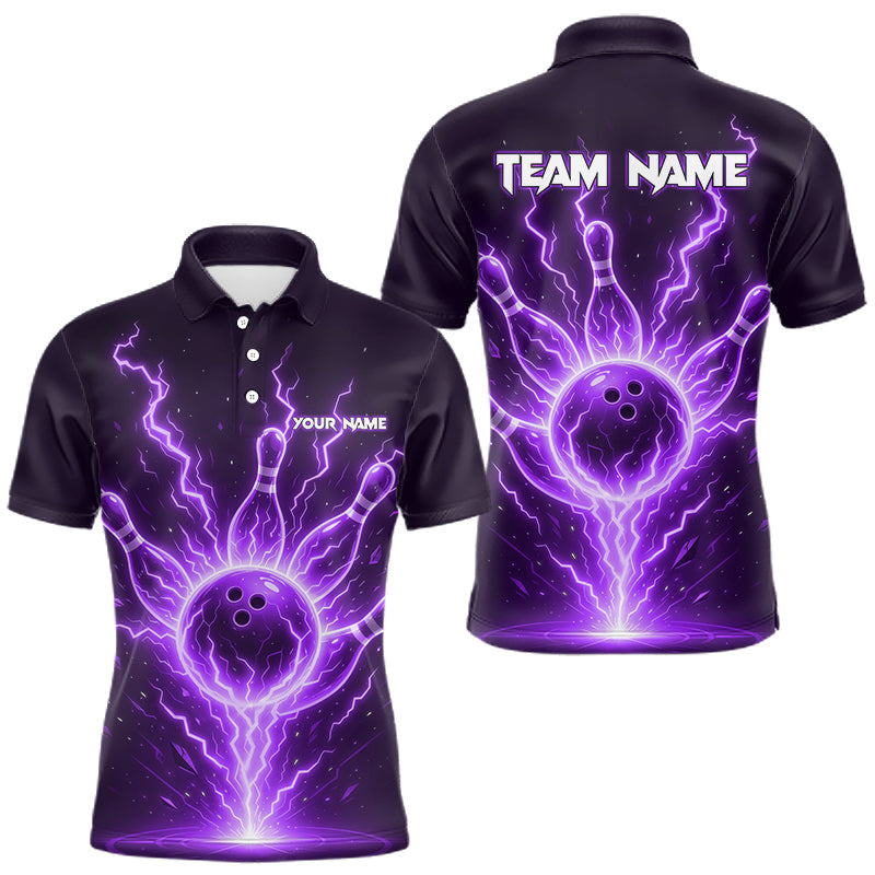 Maxcorners Purple Lightning Thunder Bowling Polo, Quarter Zip Shirts For Men Custom Team Bowling Jersey