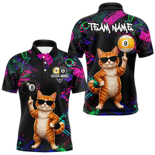 Maxcorners Funny Cat 8 Ball & 9 Ball Graffiti Billiard Shirts For Men Custom Pool Team Jersey Polo & 1/4 Zip LM1705