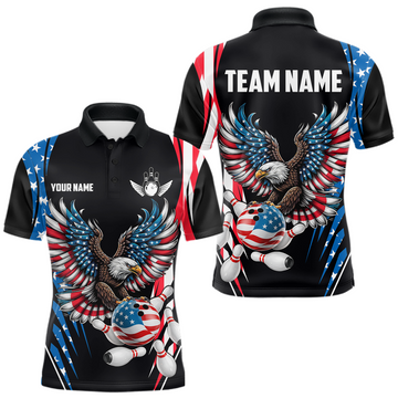 Maxcorners Personalized American Flag Eagle Bowling Polo & 1/4 Zip For Men, Patriotic Bowling Team Jersey