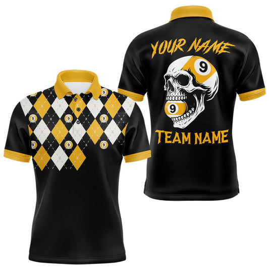 Maxcorners Personalized 9 Ball Skull Argyle Pattern Men's Billiard Shirts, 9 Ball Team Shirts Billiard Jersey LM2603