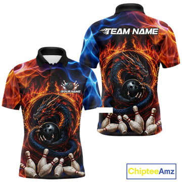 Maxcorners Personalized Dragon Bowling Shirt for Men, Custom Fire Flame Bowling Polo and Quarter-Zip Jersey