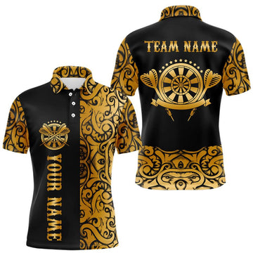 Maxcorners Black And Gold Custom Tribal Darts Shirt For Men, Personalized Darts Jersey Team Polo & Quarter Zip