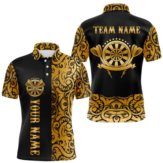 Maxcorners Black And Gold Custom Tribal Darts Shirt For Men, Personalized Darts Jersey Team Polo & Quarter Zip