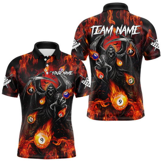 Maxcorners Orange Flaming Grim Reaper Billiard Shirt For Men Custom Fire Pool Team Jersey Polo & Quarter Zip