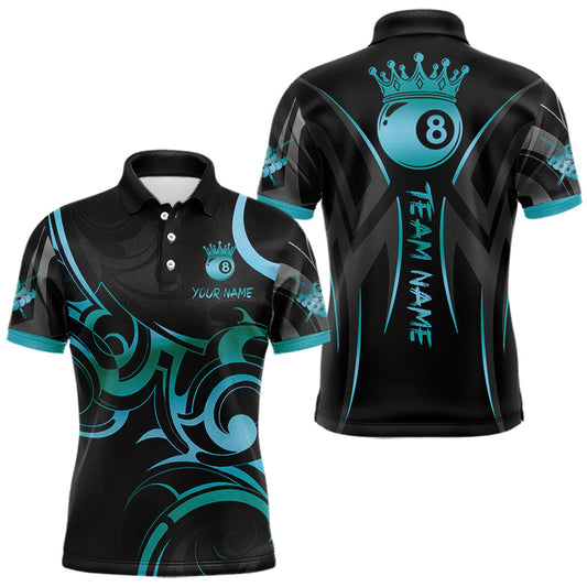 Maxcorners Black & Turquoise 8 Ball Crown Tribal Billiard Shirt For Men Custom Pool Team Jersey Polo, 1/4 Zip LM1104