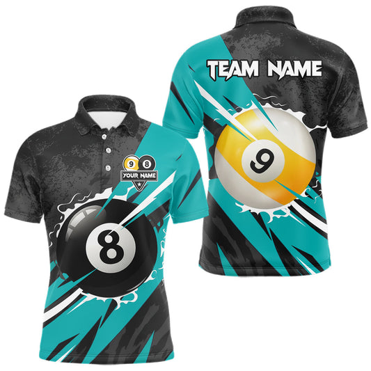 Maxcorners Black And Turquoise 8 Ball & 9 Ball Billiard Shirt For Men Custom Pool Jersey, Billiard Team Shirt LM2603