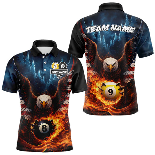 Maxcorners American Flag Eagle 8 Ball & 9 Ball Flame Billiard Shirt For Men Custom Patriotic Billiard Jersey