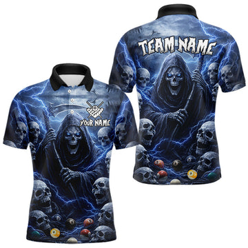 Maxcorners Blue Grim Reaper Lightning Billiard Shirt For Men Custom Skull Pool Team Jersey Polo & 1/4 Zip LM2602