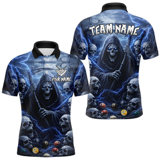 Maxcorners Blue Grim Reaper Lightning Billiard Shirt For Men Custom Skull Pool Team Jersey Polo & 1/4 Zip LM2602