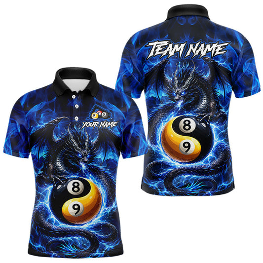 Maxcorners Blue 8 Ball & 9 Ball Fire Yin And Yang Dragon Billiard Shirt For Men Custom Pool Team Jersey LM2901