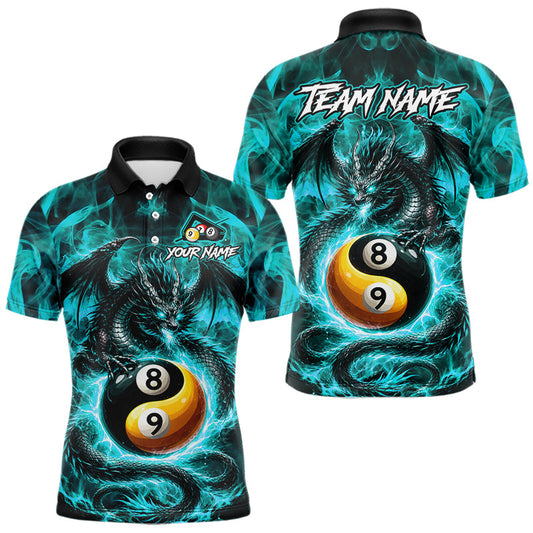 Maxcorners Turquoise 8 Ball & 9 Ball Fire Yin And Yang Dragon Billiard Shirt For Men Custom Pool Team Jersey LM2901