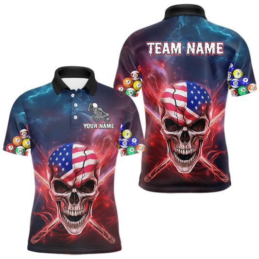Maxcorners US Flag Patriotic Skull Men's Billiard Shirt Custom Pool Team Shirt Billiard Jersey Polo & 1/4 Zip LM2603